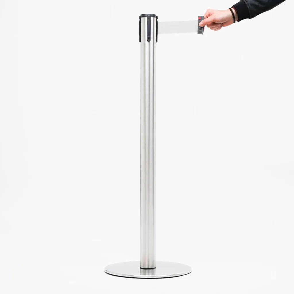 Poteau de guidage acier brossé avec sangle blanche rétractable professionnel TELNALINE