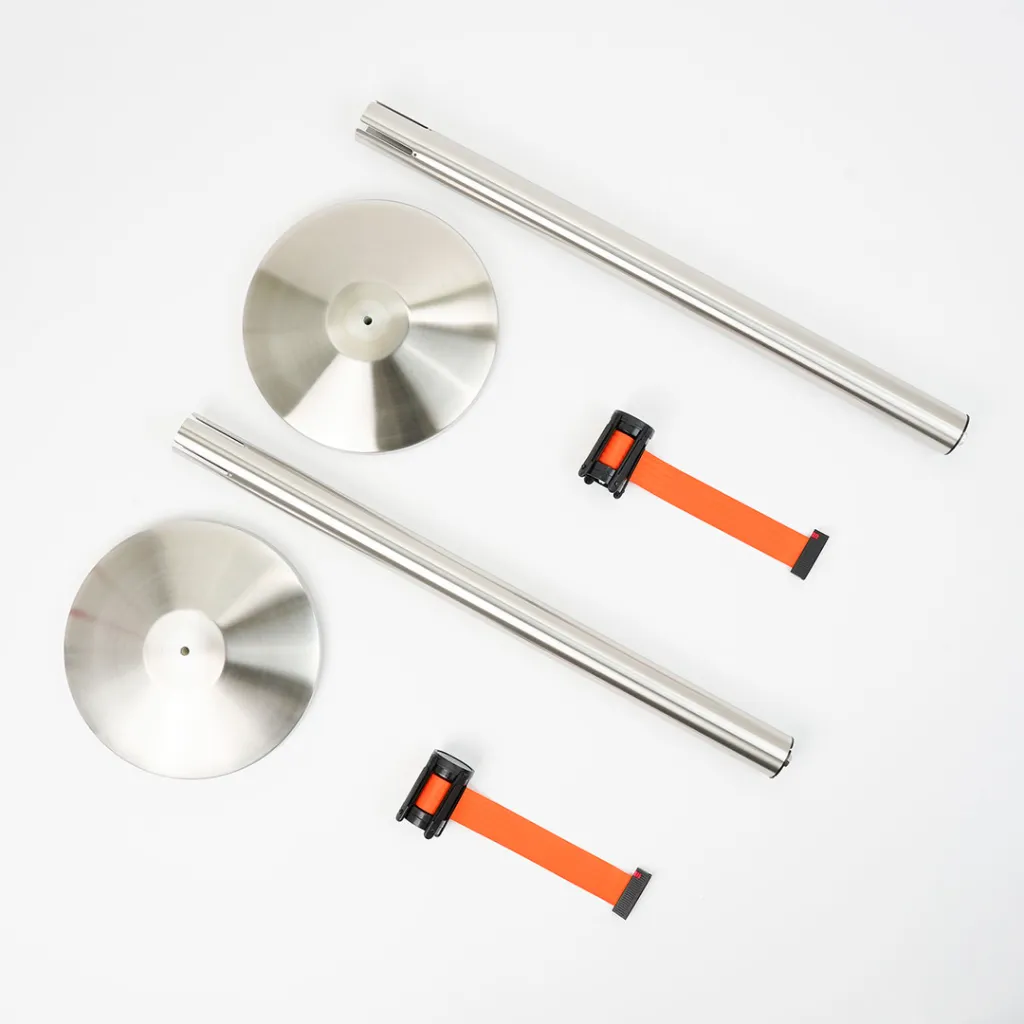 Kit composants poteau de guidage à sangle orange acier poli montant base enrouleur TELNALINE®